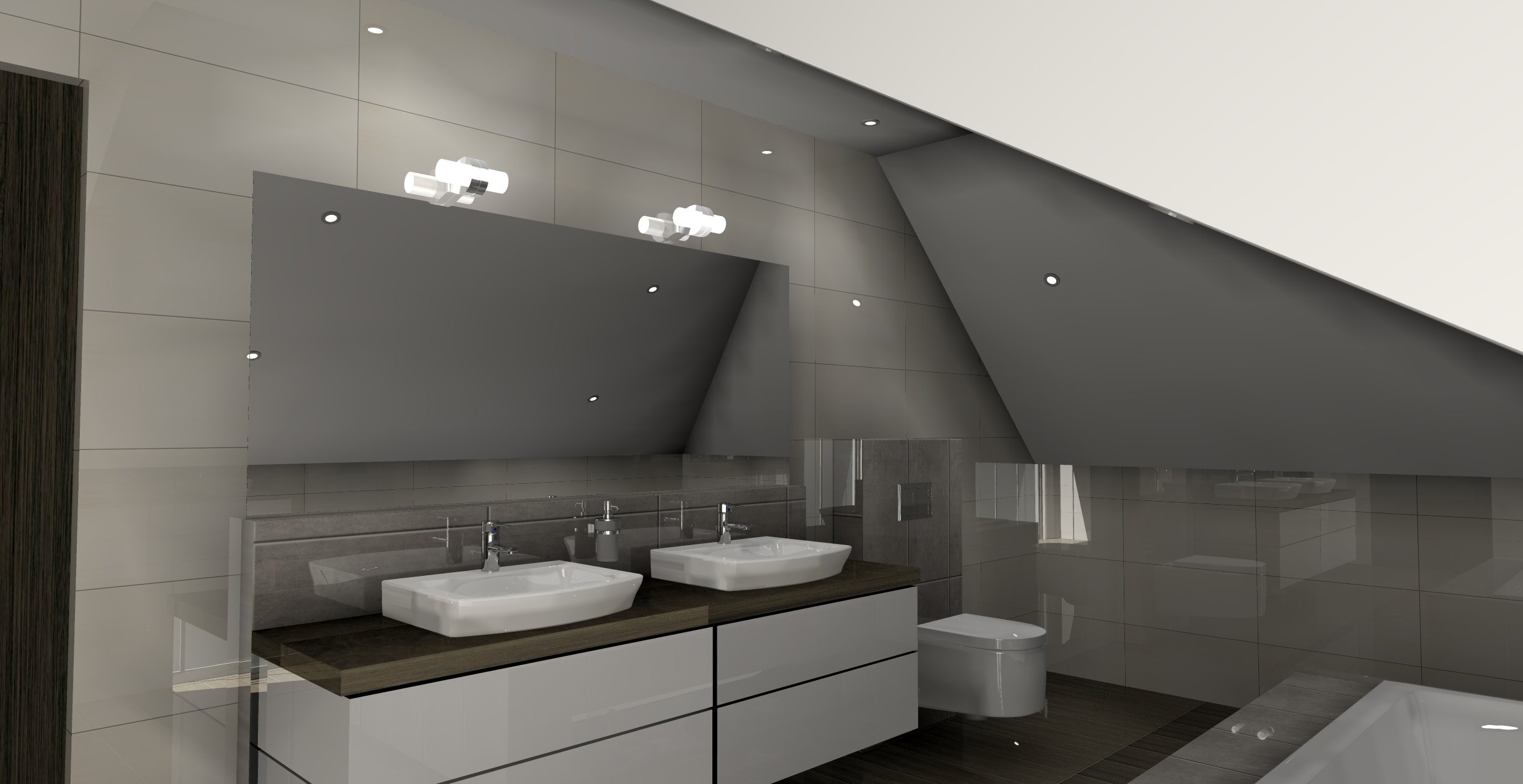 Projekt nowoczesnej łazienki ze skosem, szafki, lustro, umywalki nablatowe