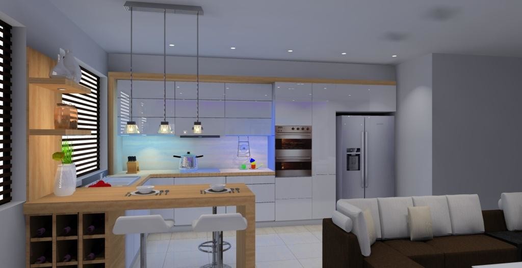  Salon z kuchnią  w kolorze białym , brązowym, kuchnia biała z drewnem, lodówka side by side, barek
