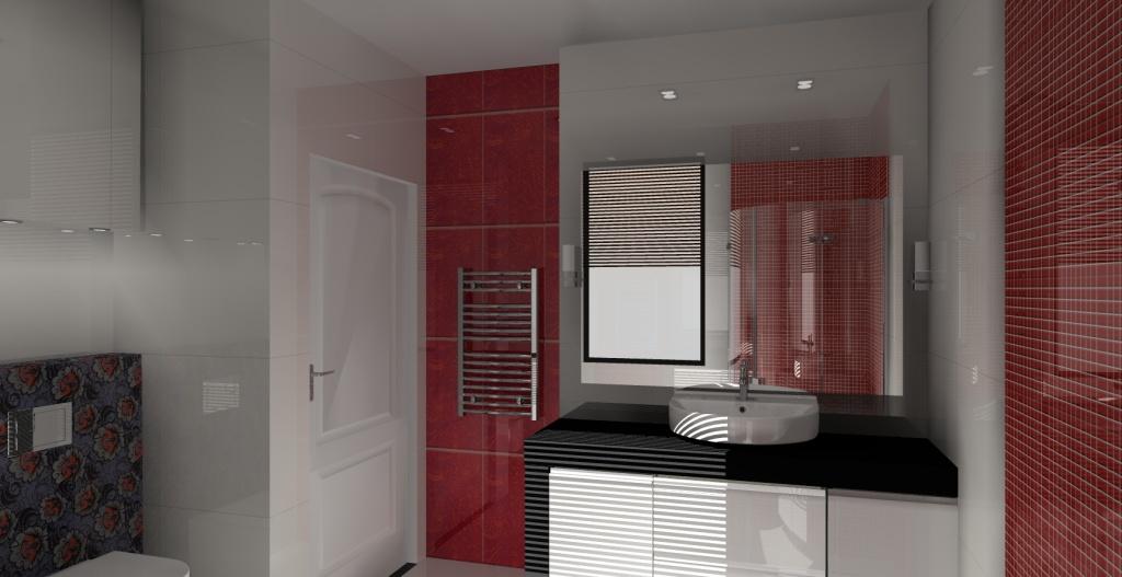 Projekt nowoczesnej łazienki w kolorach białym, czarnym i czerwonym