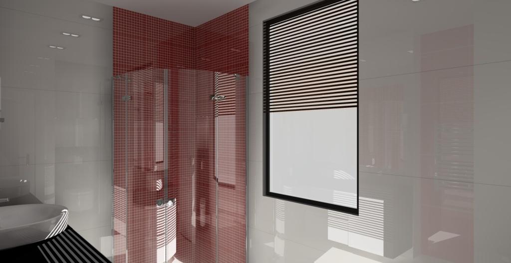Projekt nowoczesnej łazienki w kolorach białym, czarnym i czerwonym, prysznic