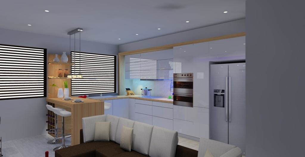 Salon z kuchnią  w kolorze białym , brązowym, kuchnia, barek, lodówka side by side