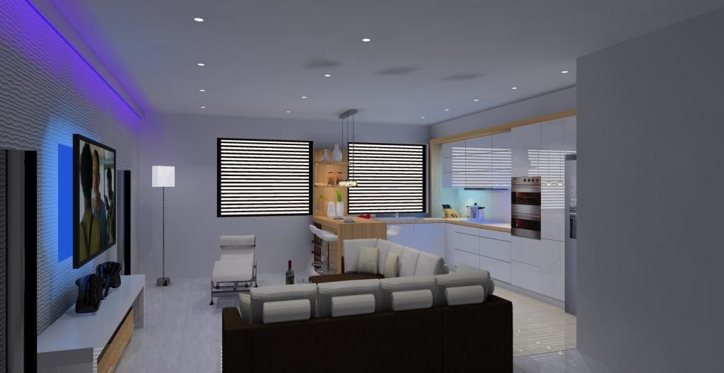  Salon z kuchnią  w kolorze białym , brązowym, ściana TV, panel 3d, narożnik, szafka pod tv